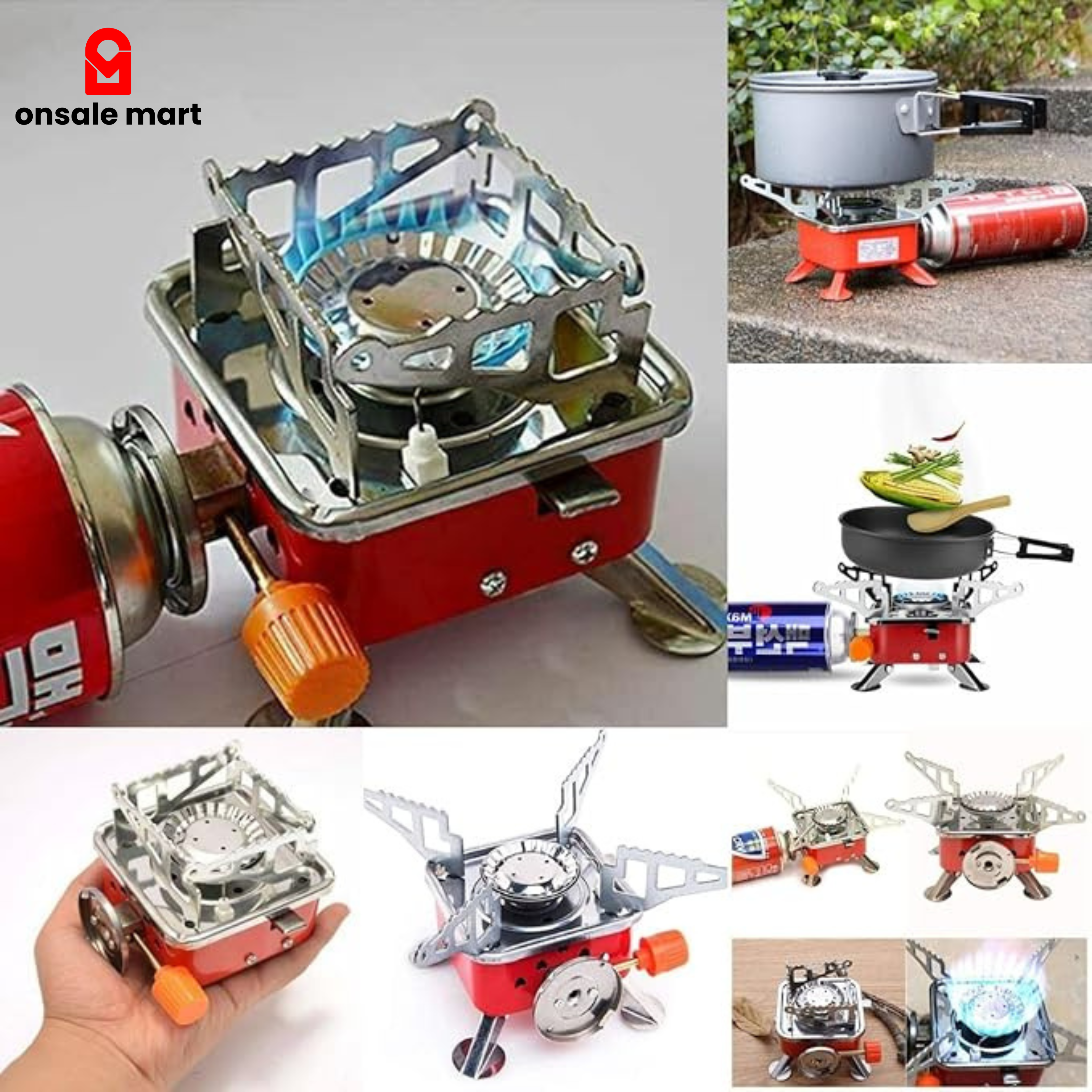 Collage of a portable camping stove with various uses and settings.
