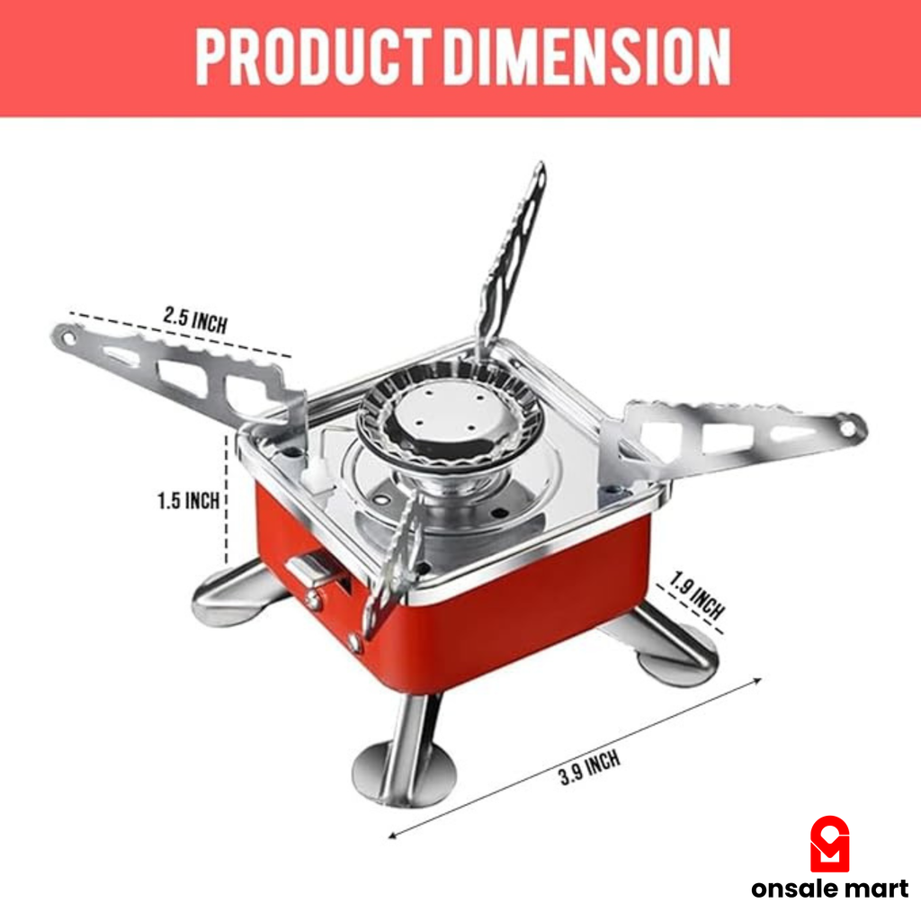 Red camping portable stove with dimensions labeled on a white background.