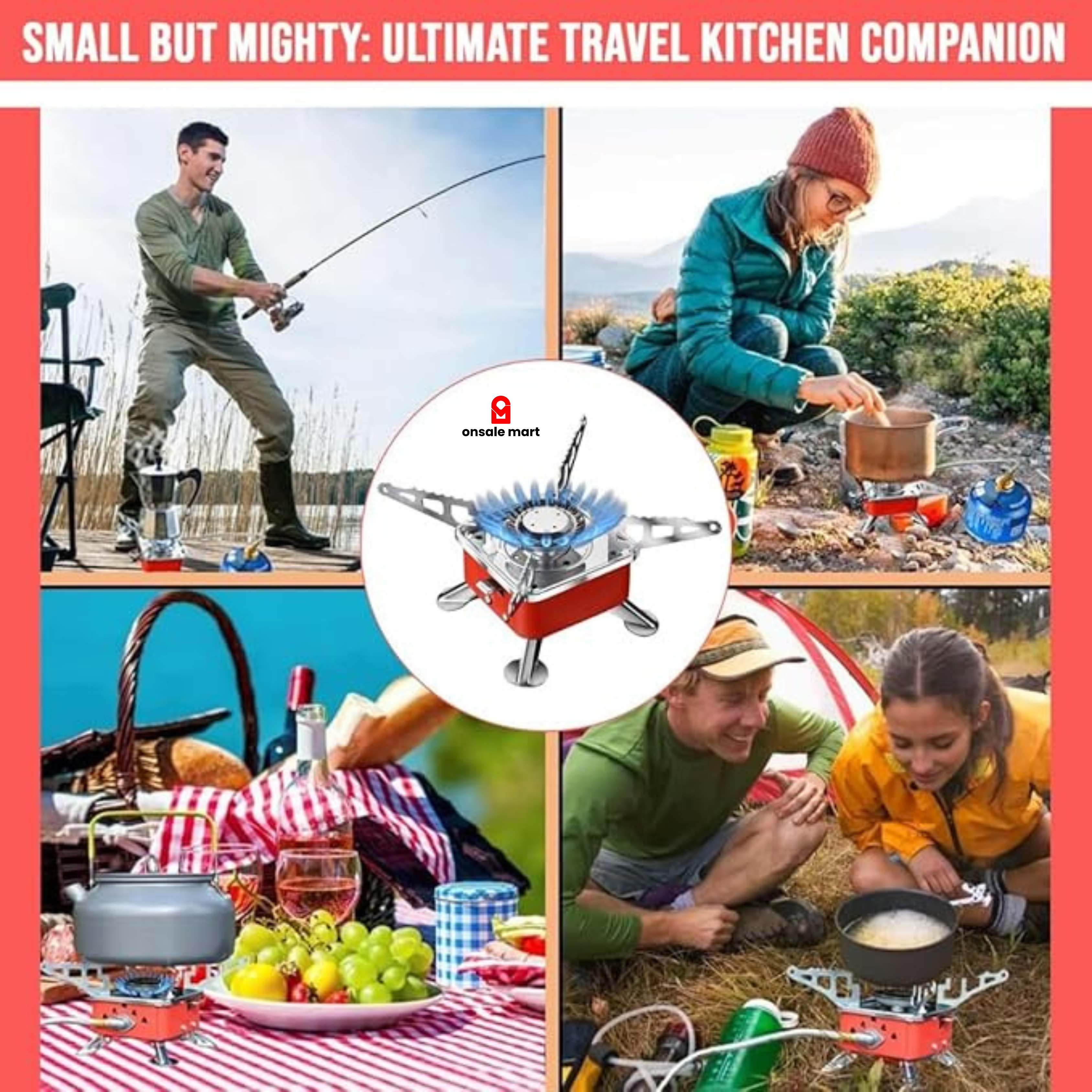 Collage of people using a portable mini stove.