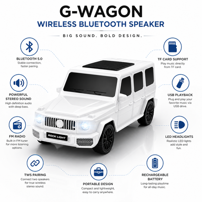 White luxury SUV-shaped wireless Bluetooth speaker with LED headlights, stereo sound, USB playback, TF card support, FM radio, rechargeable battery, and portable design.