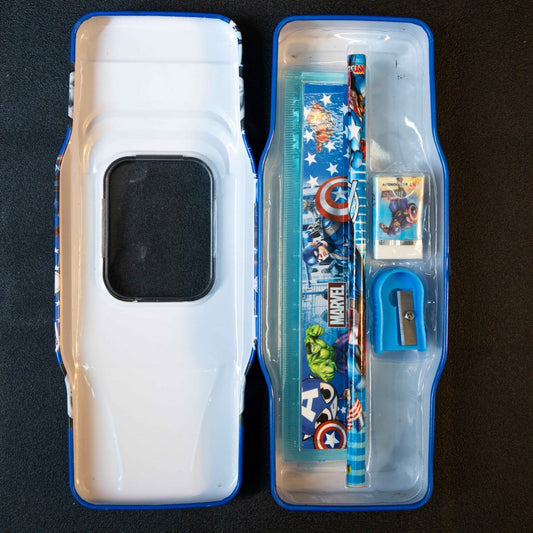 Kids Car Shape Pencil Box with School Stationery Set Open View Including Pencil Ruler Eraser and Sharpener