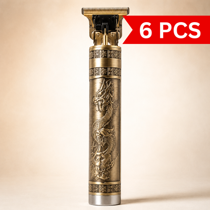 Rechargeable professional hair clipper with carbon steel T-blade, 120-minute runtime, charging indicator, lithium battery, guide combs, and adjustable blade design.