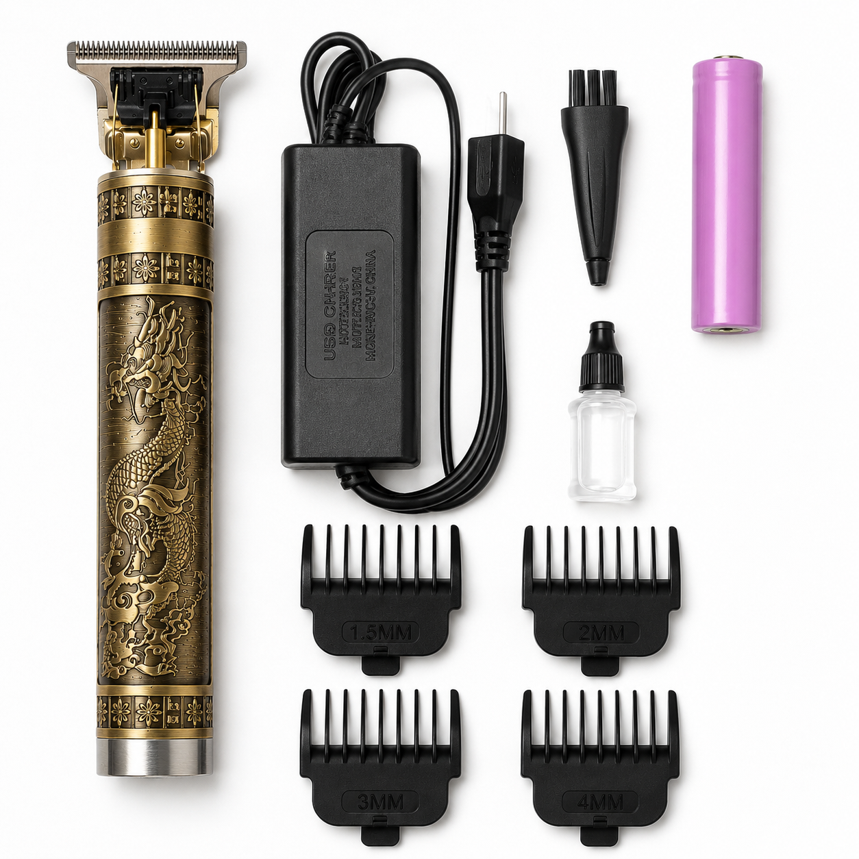 Professional cordless hair clipper kit with engraved trimmer, charging cable, rechargeable battery, cleaning brush, lubricating oil, and four guide comb attachments.