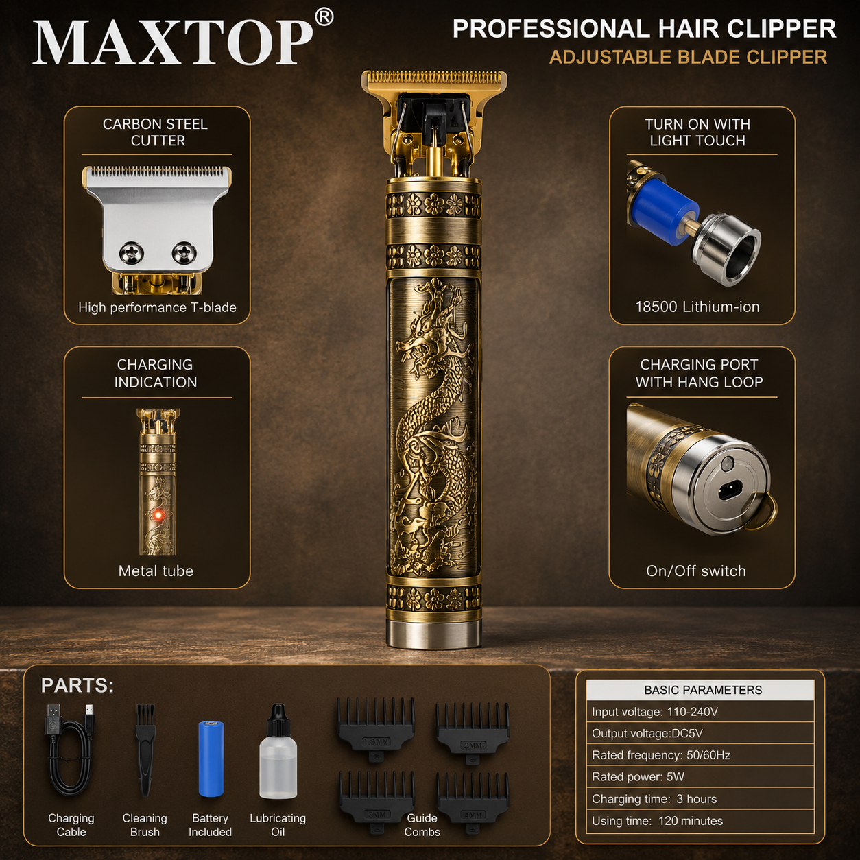 Vintage-style rechargeable hair clipper with engraved dragon metal body, precision T-blade cutter, antique gold finish, standing upright on a clean beige background.