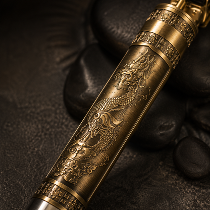 Close-up of premium dragon engraved metal hair trimmer body with antique gold finish, showcasing detailed craftsmanship and textured design.