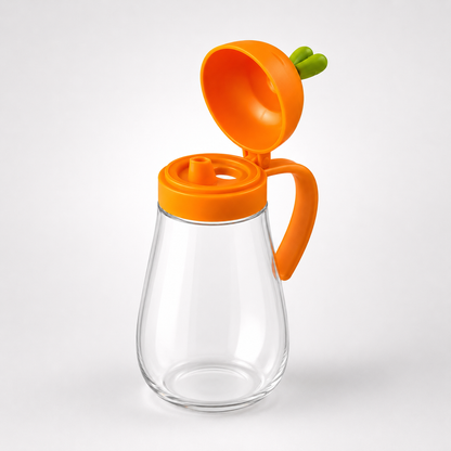 Carrot Lid Glass Oil Dispenser Bottle with orange flip-top lid, clear glass container and comfortable handle on white background