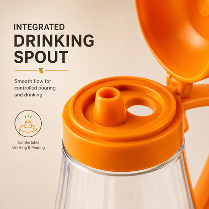 Close-up of Carrot Lid Glass Oil Dispenser Bottle featuring integrated pouring spout for smooth and controlled oil dispensing