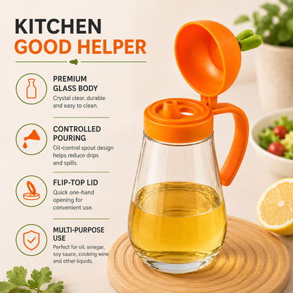 Carrot Lid Glass Oil Dispenser Bottle with ergonomic handle, controlled pouring spout and premium glass construction for everyday cooking