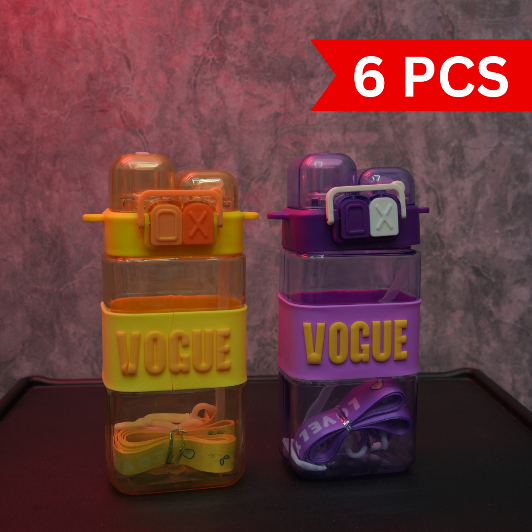 Colorful Vogue square water bottles with carry straps, dual straw lids and transparent reusable design for school and travel