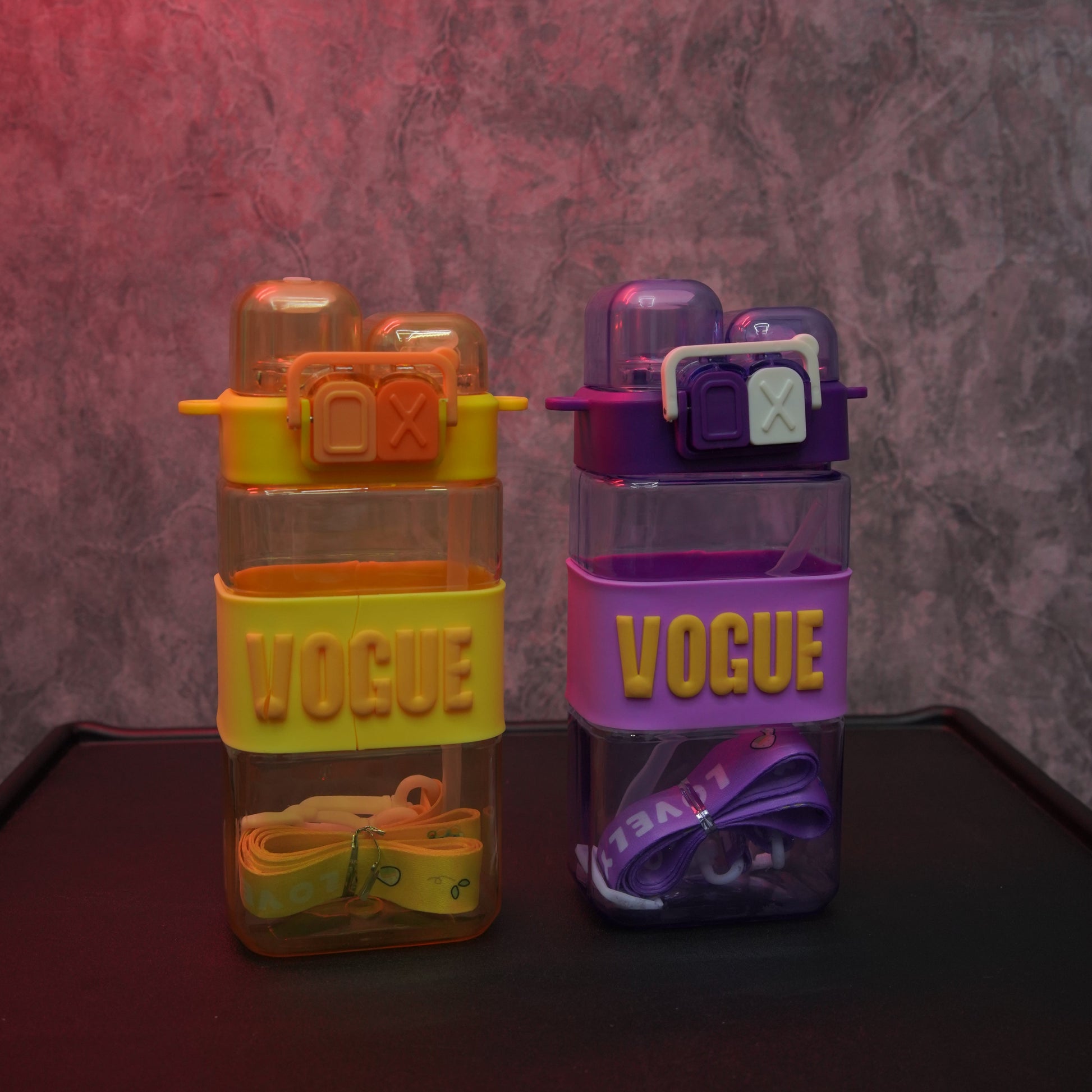Colorful Vogue square water bottles with carry straps, dual straw lids and transparent reusable design for school and travel