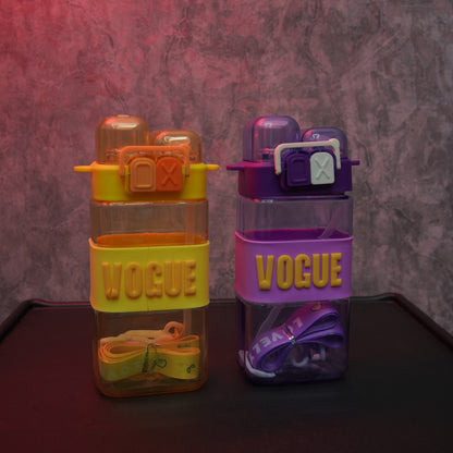 Colorful Vogue square water bottles with carry straps, dual straw lids and transparent reusable design for school and travel