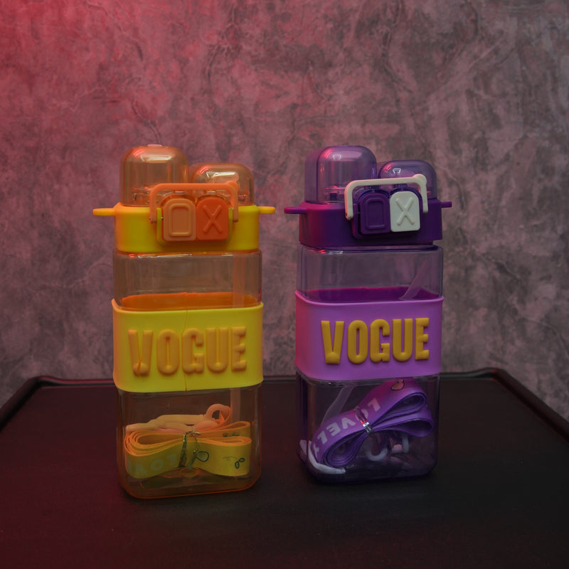 Colorful Vogue square water bottles with carry straps, dual straw lids and transparent reusable design for school and travel