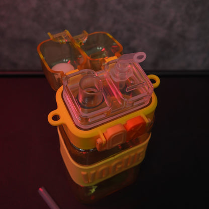 Close-up of Vogue dual straw water bottle lid showing flip-top drinking spouts and secure locking mechanism