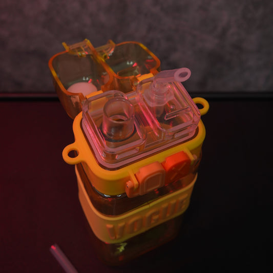 Close-up of Vogue dual straw water bottle lid showing flip-top drinking spouts and secure locking mechanism