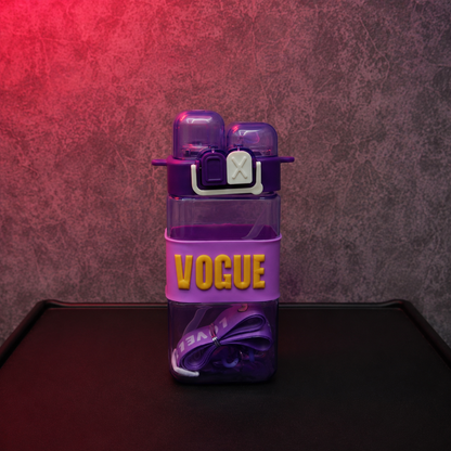 Vogue dual straw water bottle in purple color with carry strap, leak-resistant lid and transparent square design for kids and students