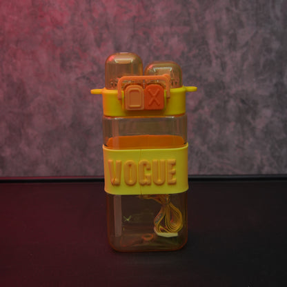 Yellow transparent Vogue kids water bottle with dual drinking spouts, secure lock lid and detachable shoulder strap