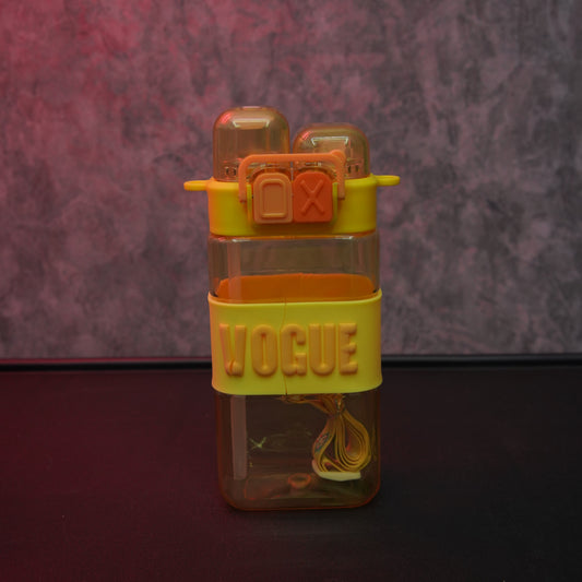 Yellow transparent Vogue kids water bottle with dual drinking spouts, secure lock lid and detachable shoulder strap