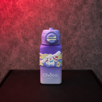 Cartoon Strap Water Bottle for Kids available in red bear and purple bunny designs, 600ml capacity with carry strap and straw.
