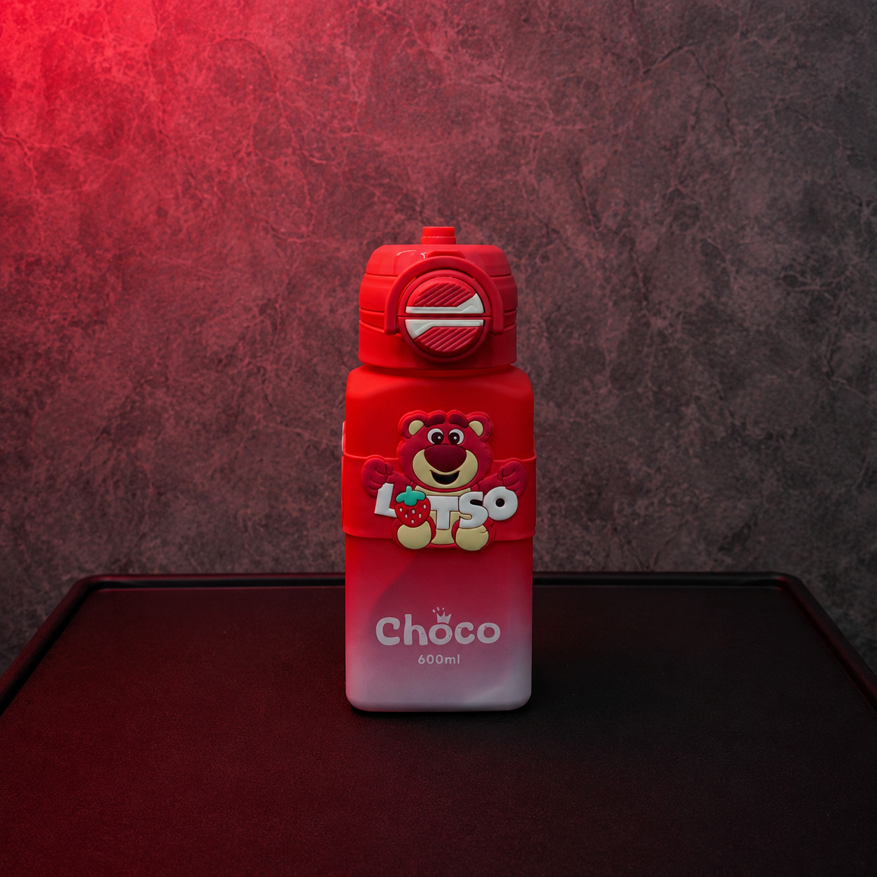 Red Cartoon Strap Water Bottle for Kids 600ml featuring cute bear character design, carry handle and child-friendly sipper lid.