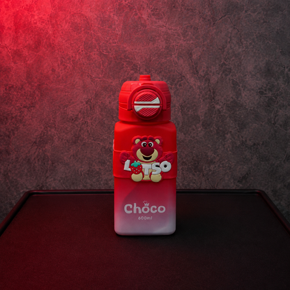 Red Cartoon Strap Water Bottle for Kids 600ml featuring cute bear character design, carry handle and child-friendly sipper lid.