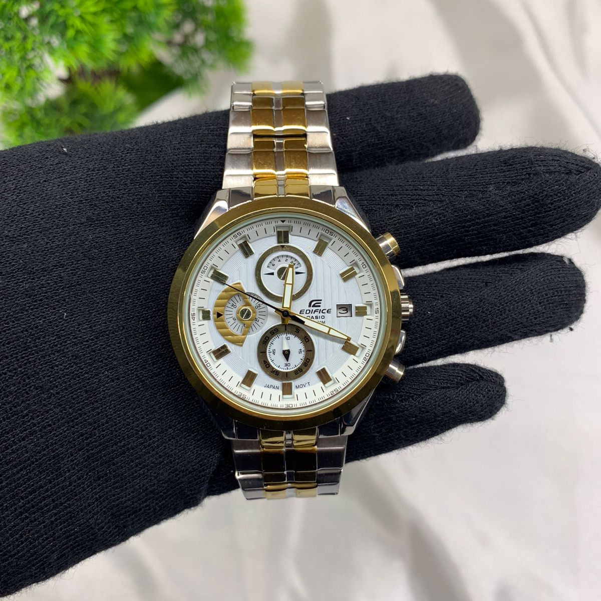 Two-Tone Chronograph Men’s Watch – Stainless Steel, White Dial, Date Display