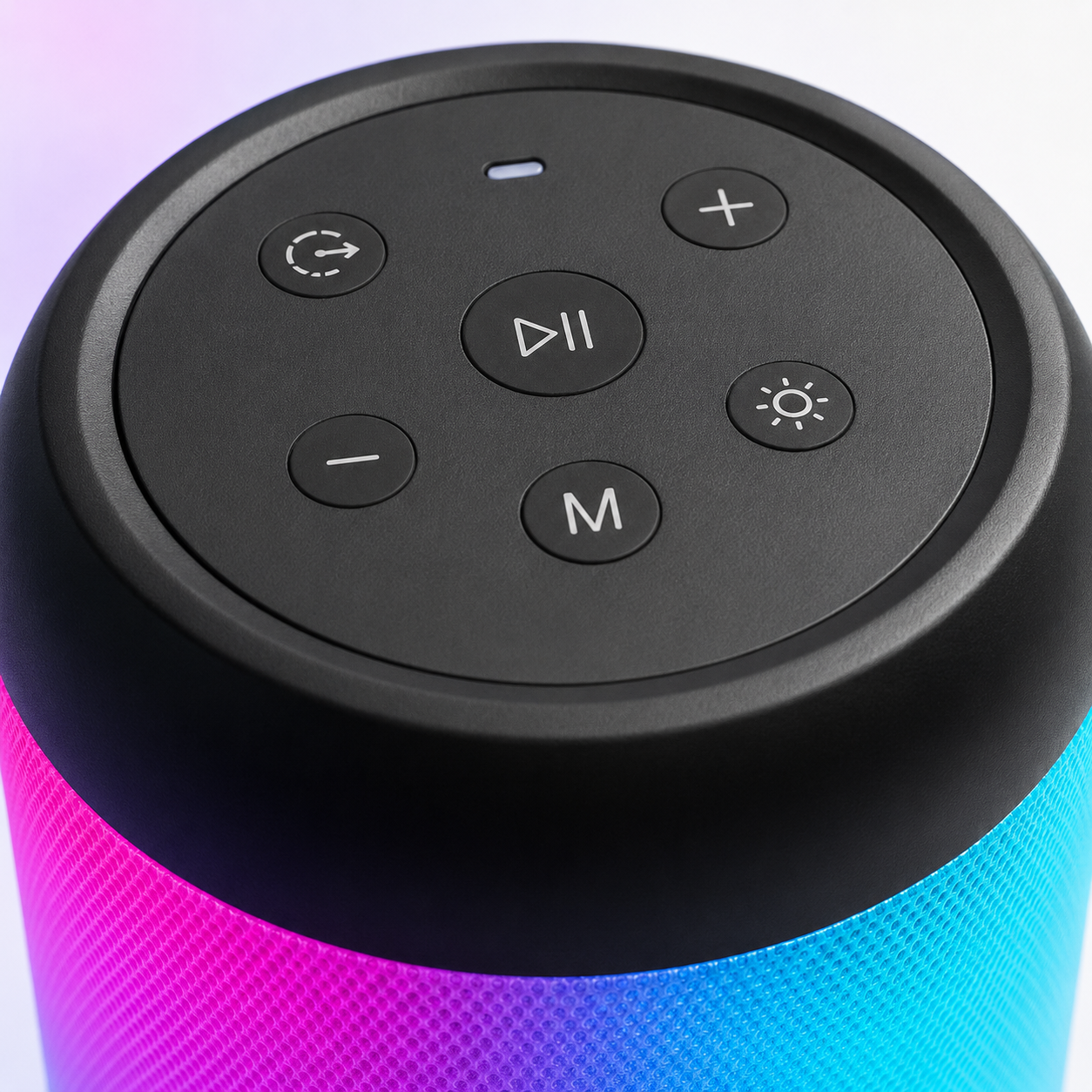 Close-up of the Bluetooth speaker's top control panel featuring play/pause, volume, mode, LED lighting and lighting effect buttons with a premium matte black finish.