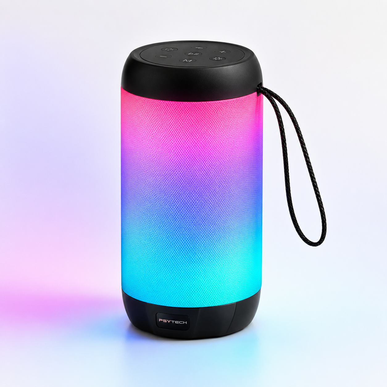 Portable wireless Bluetooth speaker with vibrant RGB LED lighting, cylindrical fabric body, top-mounted control buttons and wrist strap