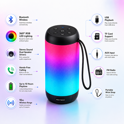 Portable RGB Bluetooth speaker with 360° LED lighting, wireless connectivity, stereo sound, hands-free calling, USB playback, TF card support, AUX input, FM radio, up to 10 hours playtime, 10m wireless range and wrist strap.
