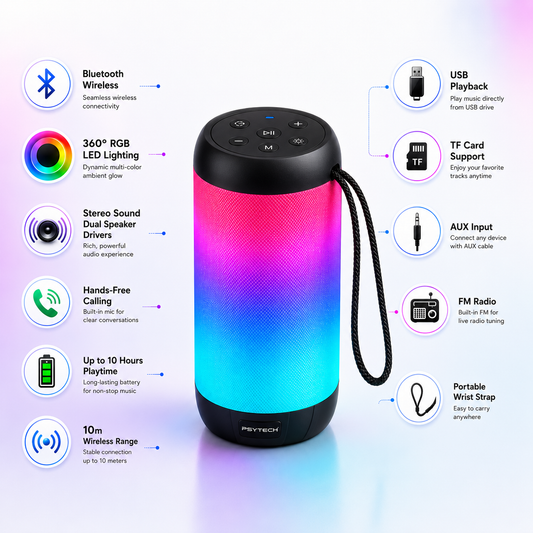 Portable RGB Bluetooth speaker with 360° LED lighting, wireless connectivity, stereo sound, hands-free calling, USB playback, TF card support, AUX input, FM radio, up to 10 hours playtime, 10m wireless range and wrist strap.