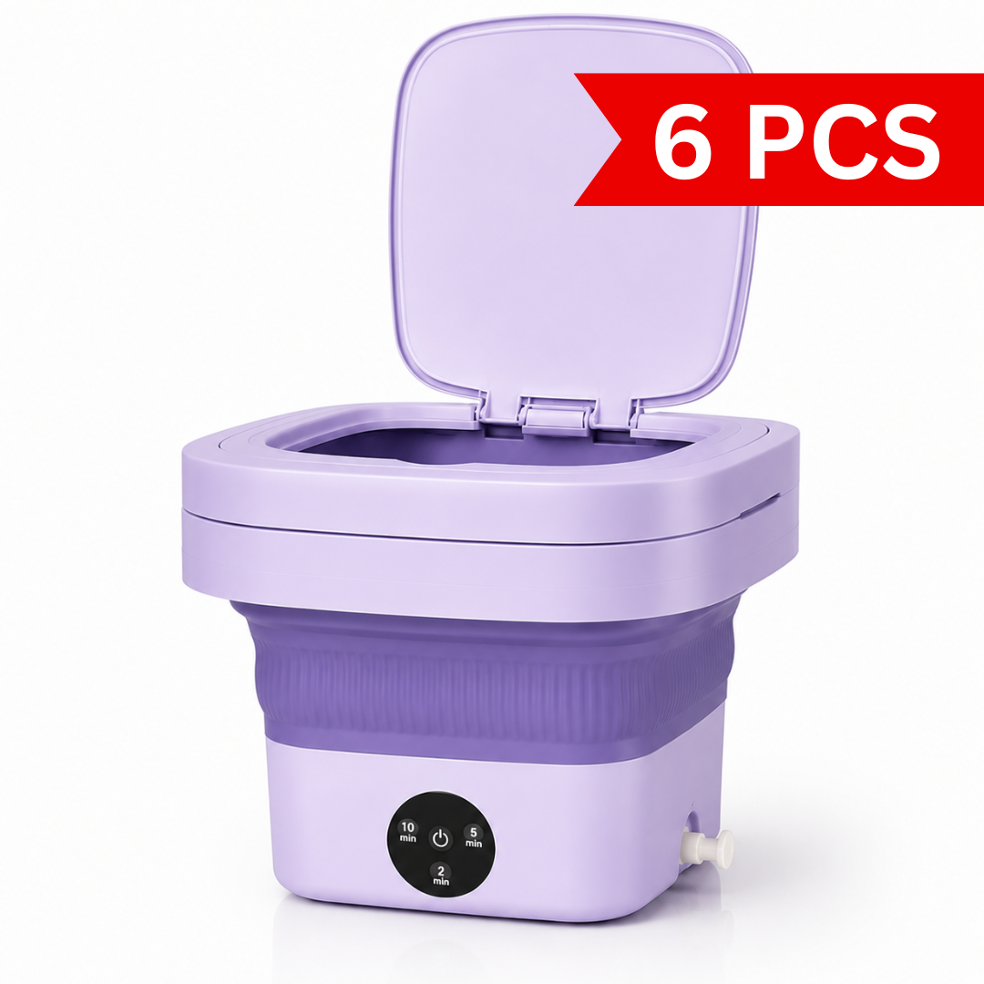 Portable 9L foldable mini washing machine in lavender purple color with top-opening lid, compact space-saving design, and easy-touch control panel on a white background.