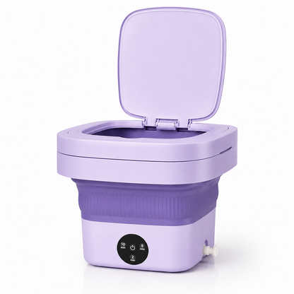 Portable 9L foldable mini washing machine in lavender purple color with top-opening lid, compact space-saving design, and easy-touch control panel on a white background.