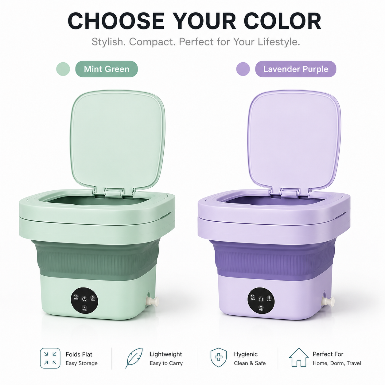 Foldable mini washing machine available in Mint Green and Lavender Purple colors, featuring a compact portable design ideal for homes, hostels, dorms, and travel.