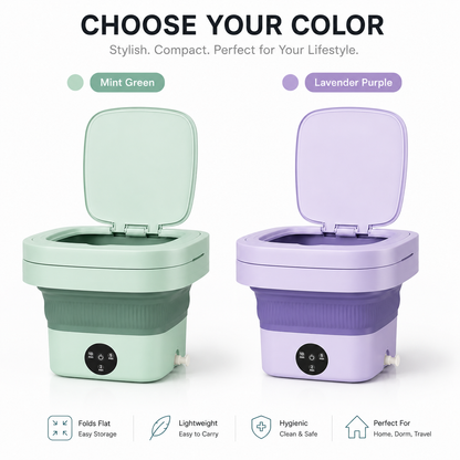 Foldable mini washing machine available in Mint Green and Lavender Purple colors, featuring a compact portable design ideal for homes, hostels, dorms, and travel.