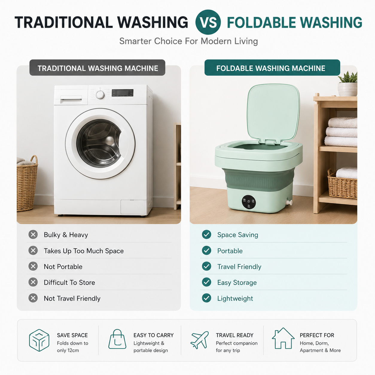 Comparison between a traditional washing machine and a foldable mini washing machine highlighting space-saving, portable, lightweight, and travel-friendly benefits.