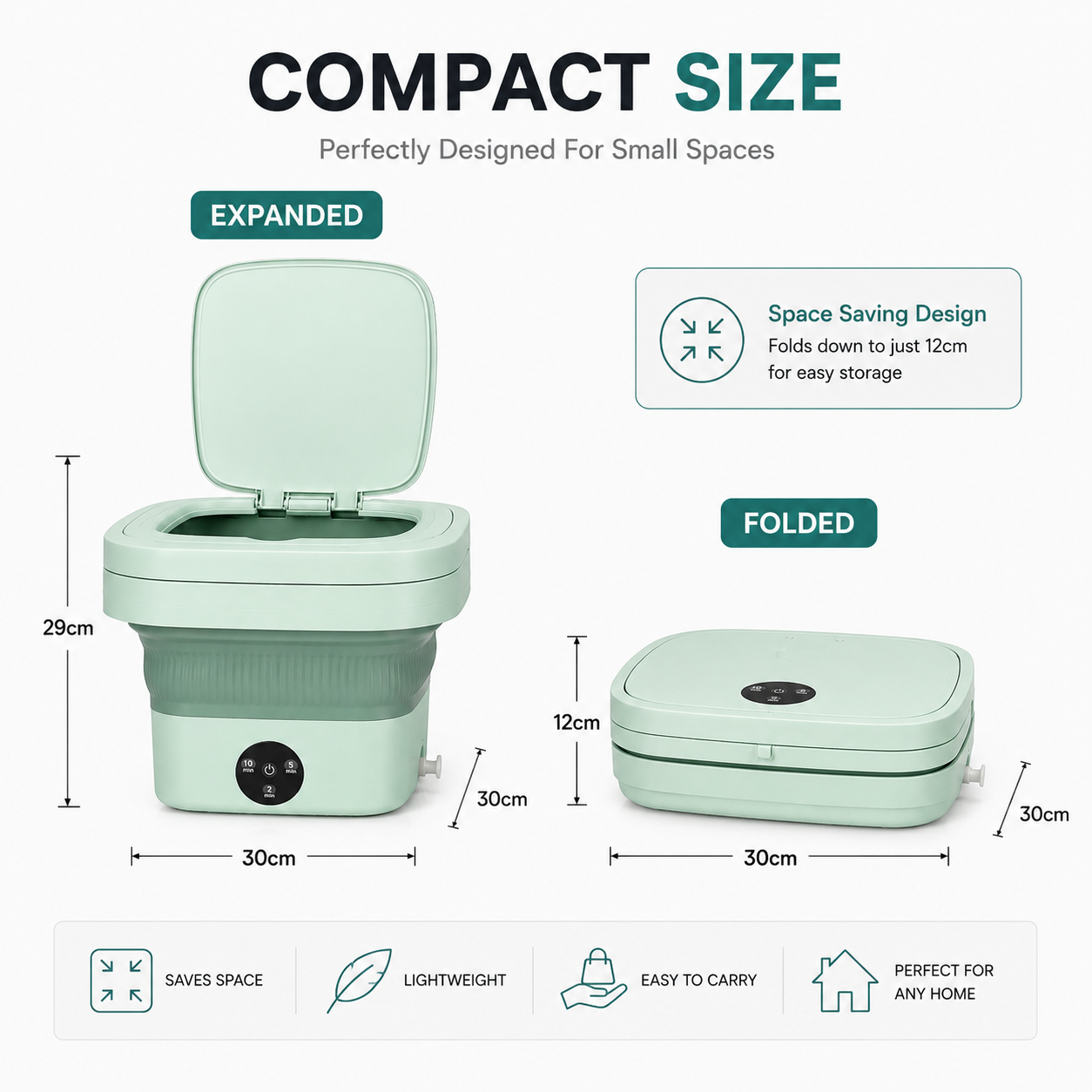 Compact foldable washing machine showing expanded and folded dimensions, featuring a space-saving design that folds down to 12cm for easy storage.