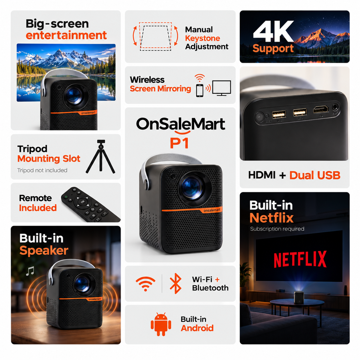 OnSaleMart P1 Smart Projector - 4K Support & Android