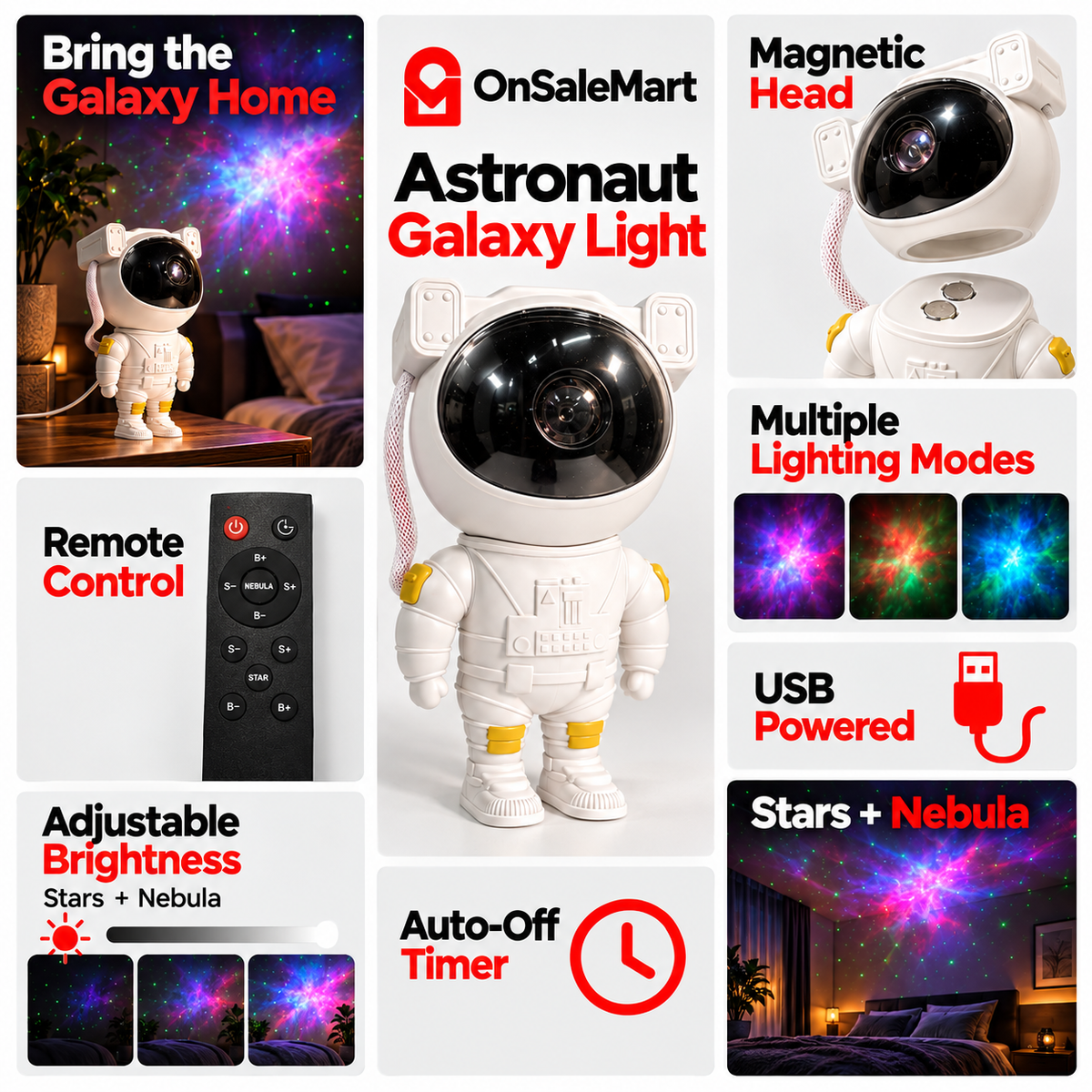 Astronaut Galaxy Star Projector with Remote & Timer - USB-Powered Nebula Night Light