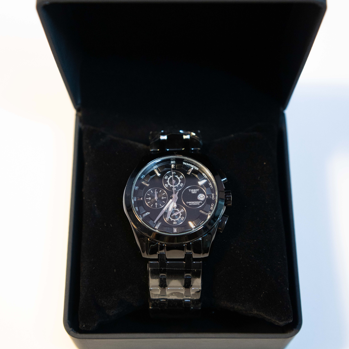 Classic Black Steel Chronograph men's timepiece with tachymeter dial and black steel strap