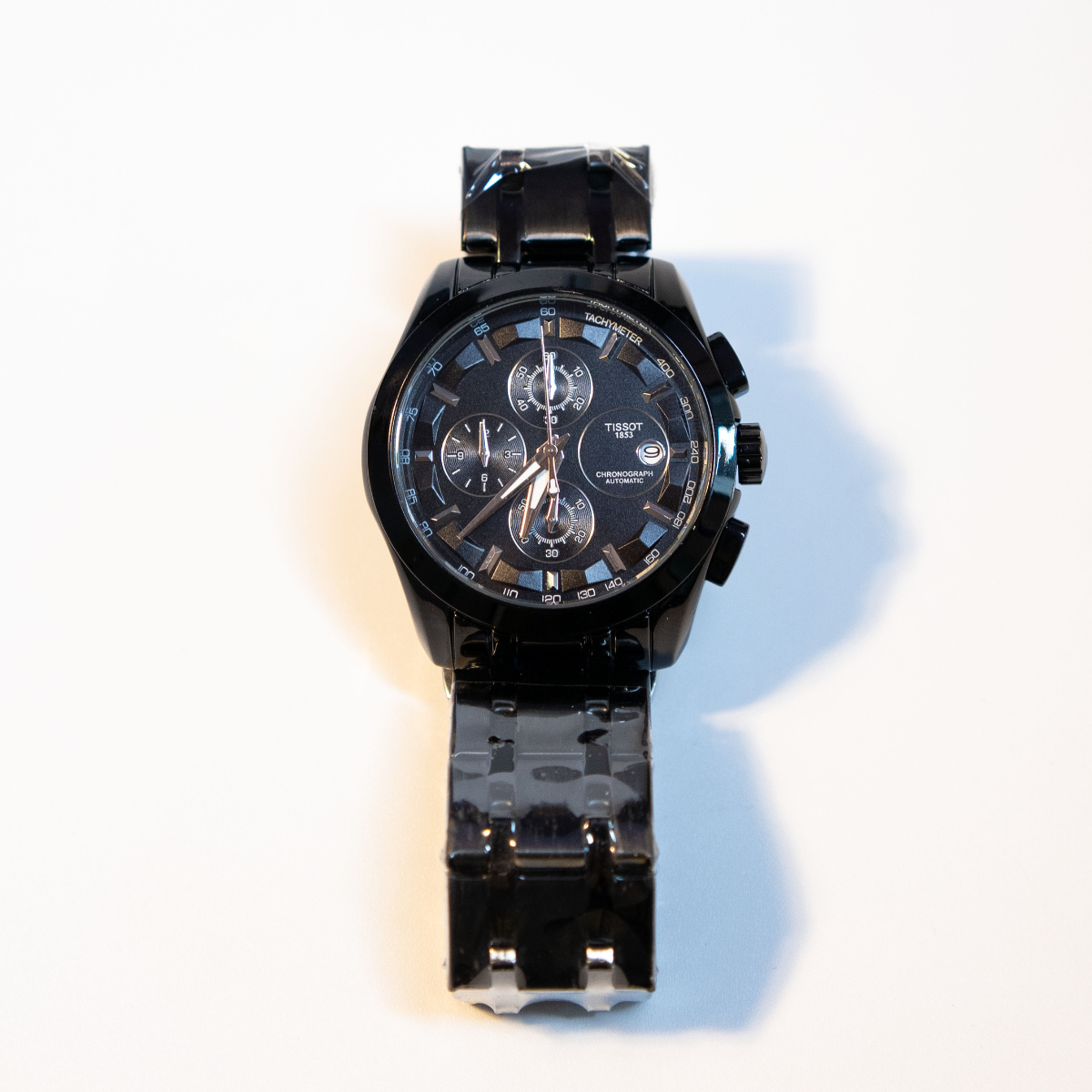 Classic Black Steel Chronograph luxury men's watch with black dial and stainless steel bracelet