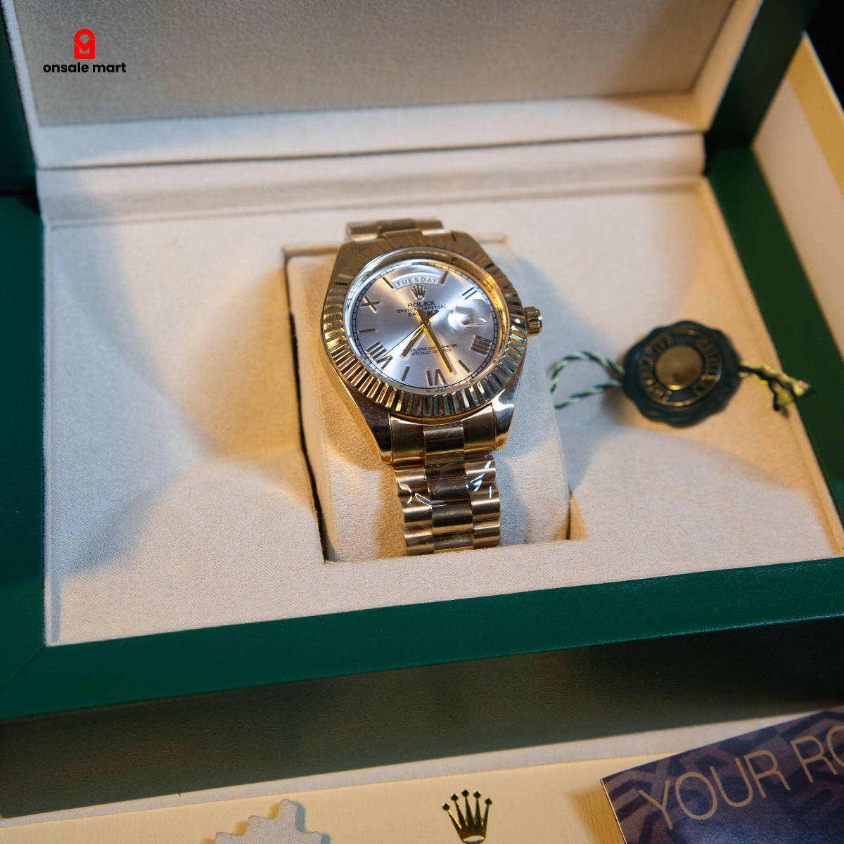 Classic Gold Day-Date Watch luxury stainless steel wristwatch with silver dial displayed in premium watch box