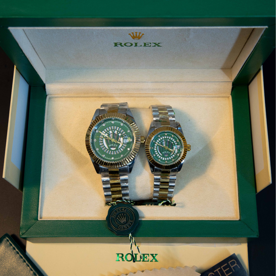 Elegant green dial two tone couple watch set with gold and silver bracelet