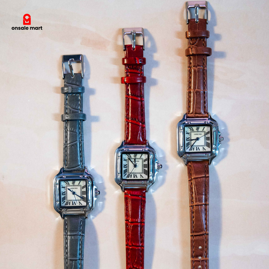 Leather square watch showing multiple strap color options with silver-tone case.
