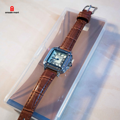 Classic brown leather square watch with Roman numeral dial and silver-tone case.