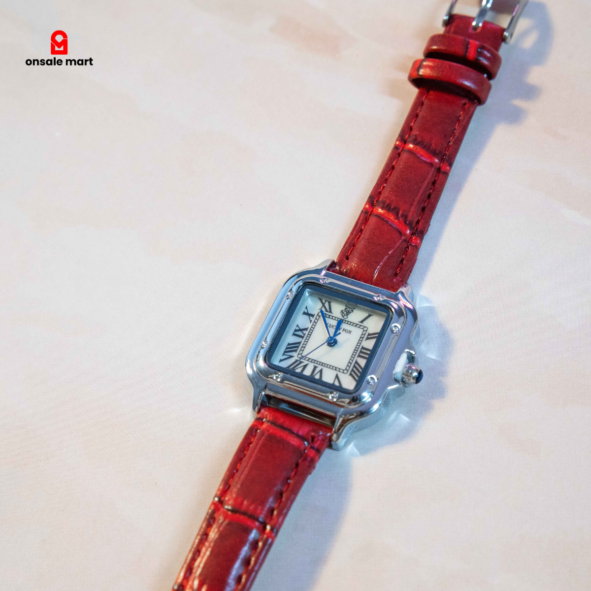 Classic leather quare watch featuring white Roman numeral dial, silver-tone case, and red crocodile-texture leather strap.