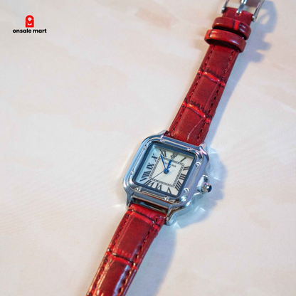 Classic leather quare watch featuring white Roman numeral dial, silver-tone case, and red crocodile-texture leather strap.