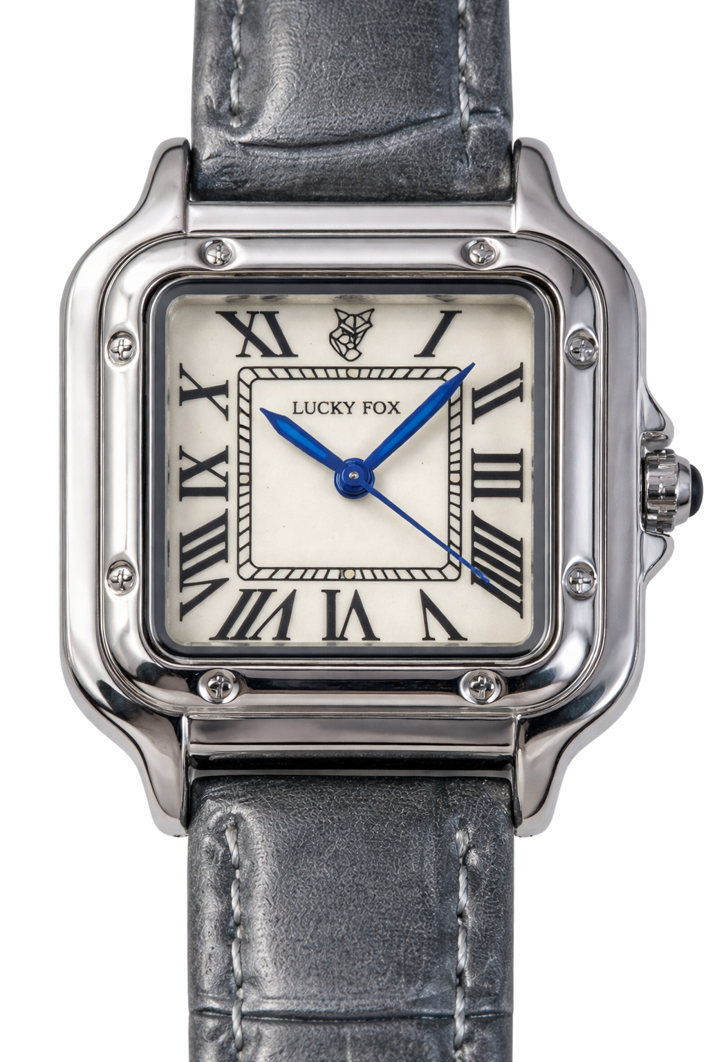 Dial close-up of a classic square watch featuring Roman numeral hour markers and blue hands.