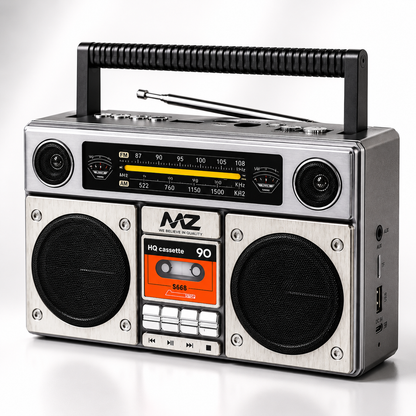 Portable retro Bluetooth speaker with FM/AM radio, dual stereo speakers, cassette-style front panel, carrying handle, USB, TF card and AUX connectivity.