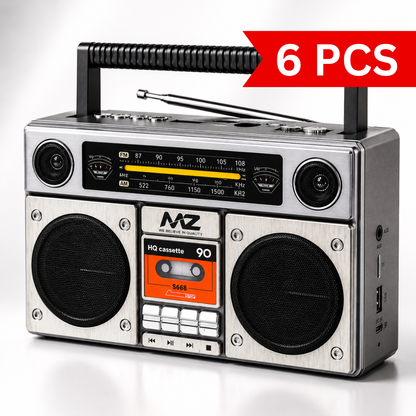 Portable retro Bluetooth speaker with FM/AM radio, dual stereo speakers, cassette-style front panel, carrying handle, USB, TF card and AUX connectivity.