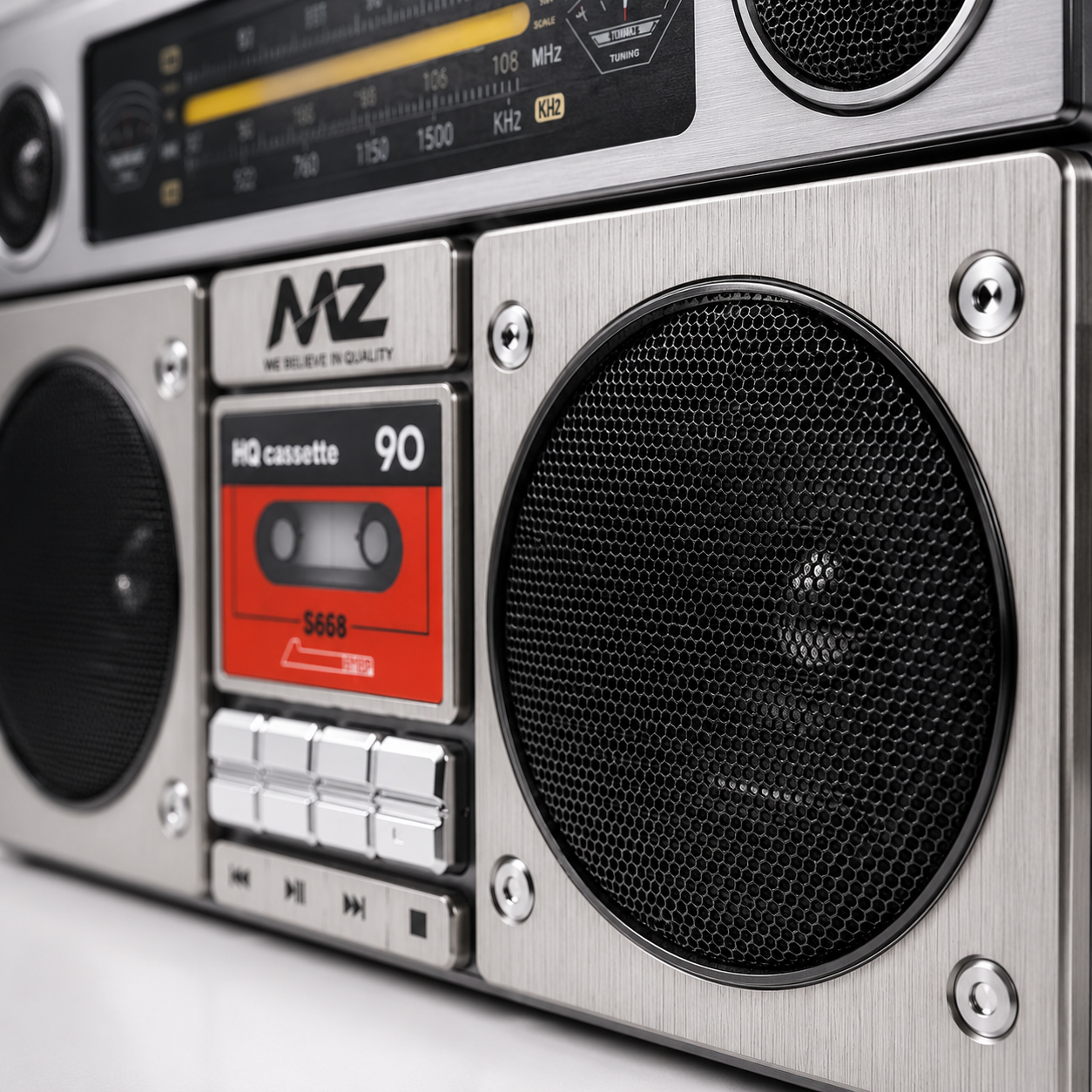 Close-up of the retro Bluetooth speaker's dual stereo speaker grille with brushed metal finish and premium vintage boombox design.