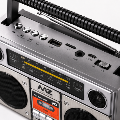 Top view of the retro Bluetooth speaker showing playback controls, USB port, TF card slot, AUX input, Type-C charging port and telescopic FM antenna.